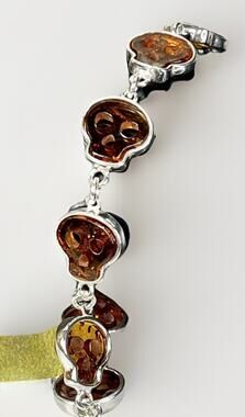 Baltic Amber Sterling Silver Skull Link Bracelet Halloween Sugar Skull 8” NEW